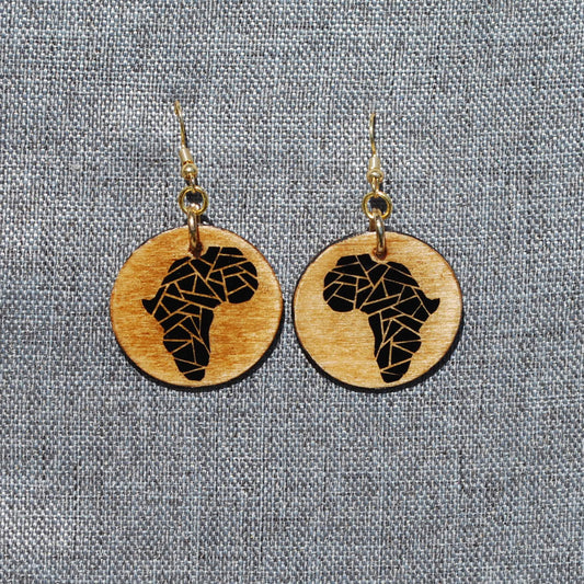 Varnished wood 1.5" earrings with black Africa applique. Gold colored metal hooks.. 