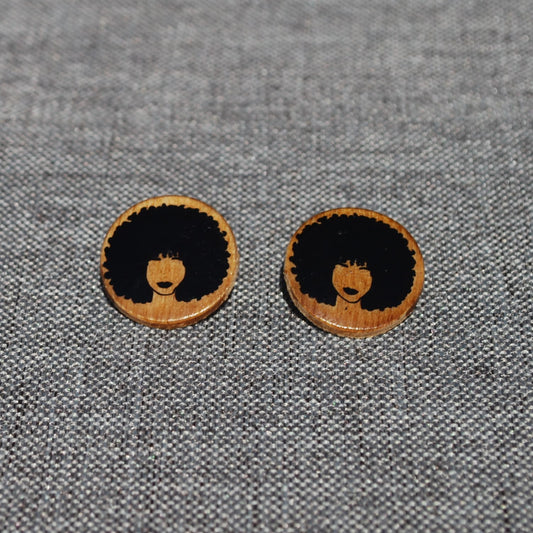 1" diameter round Varnished wood stud earring with Black Afro Woman applique. 